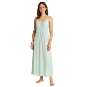 Vintage St. Michael Aqua Satin Slip Maxi Dress Lace Beading Women Sz S Nightgown
